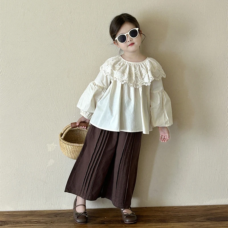 【100棉裤子+上衣】女童森系套装2025春秋款韩版娃娃衫阔腿裤套装