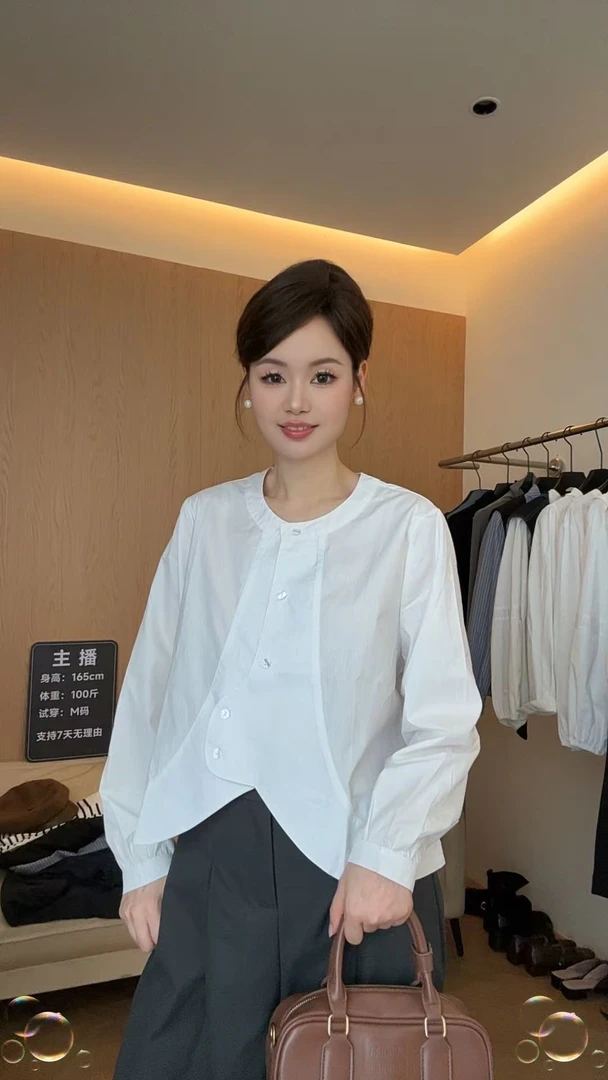 衬衫女高级感2025秋新款设计感别致长袖圆领上衣