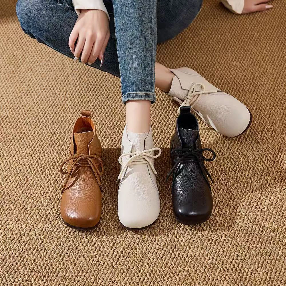 9926头层牛皮小短靴秋季新款平底软底舒适百搭休闲女鞋短靴