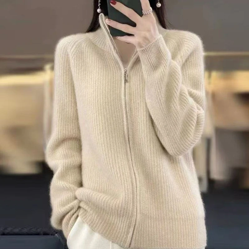 100纯羊毛衫女秋冬新款宽松拉链针织开衫外套加厚羊绒衫外穿毛衣