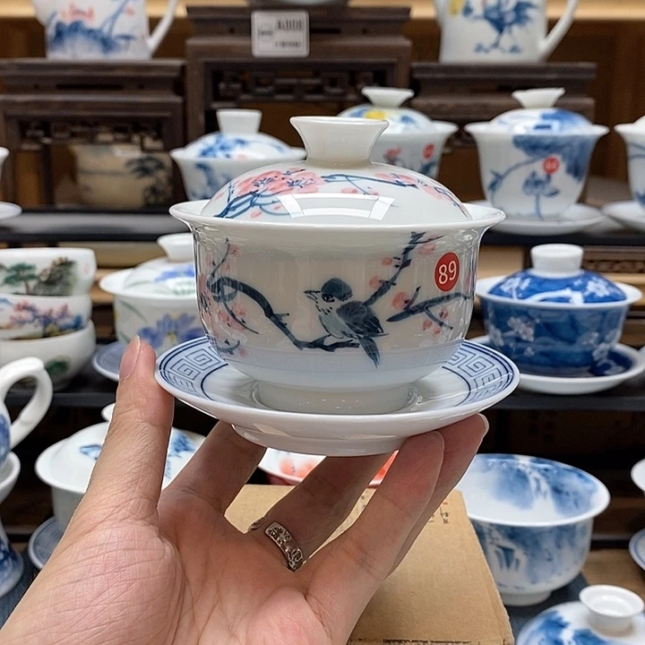 手绘喜上眉梢盖碗160cc釉下彩微瑕福利款