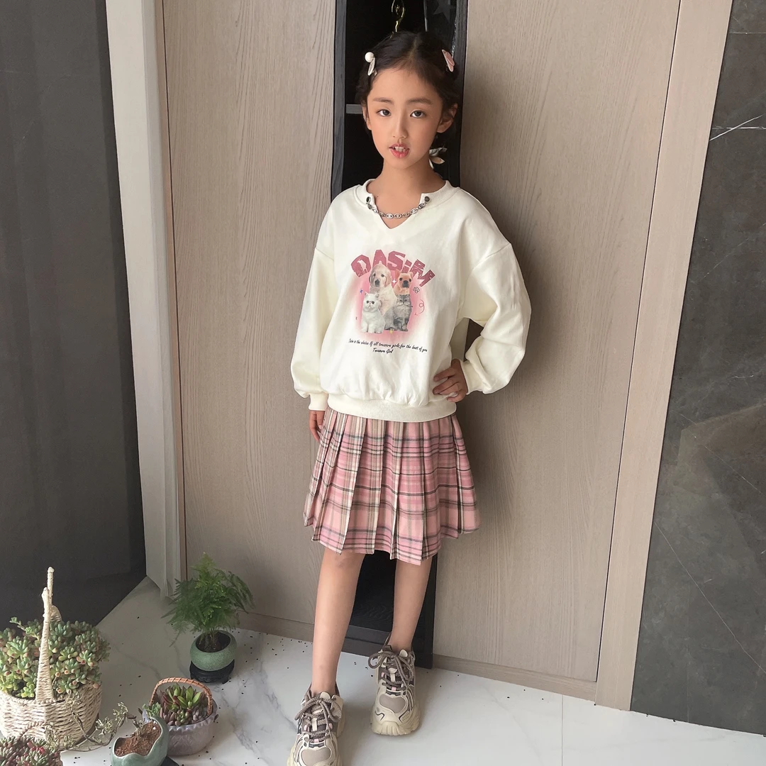 春秋款洋气卫衣儿童格子百褶裙中大童韩版套装学院风S1053S1057