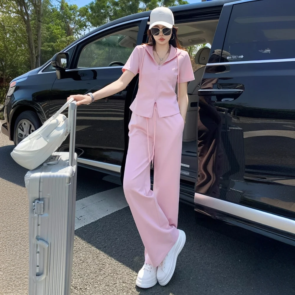 粉色休闲运动套装女夏季甜美小清新减龄连帽短袖阔腿裤两件套装