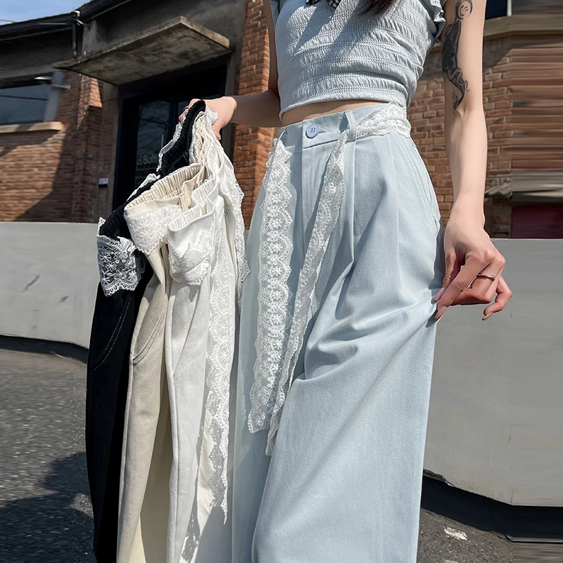 洗水棉冰丝阔腿裤女夏薄款小个子蕾丝系带高腰垂感休闲直筒九分裤