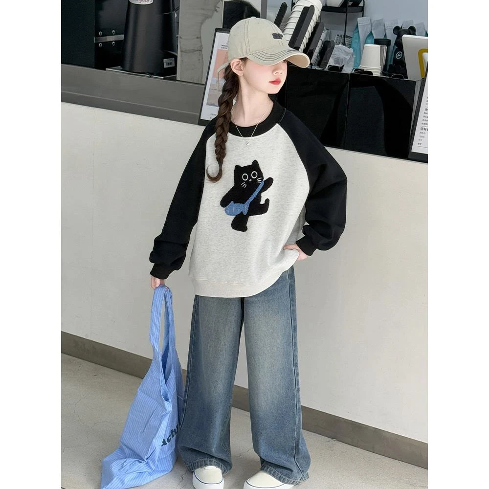 女童春装卫衣套装2025新款女大童洋气春秋款上衣儿童牛仔裤两件套