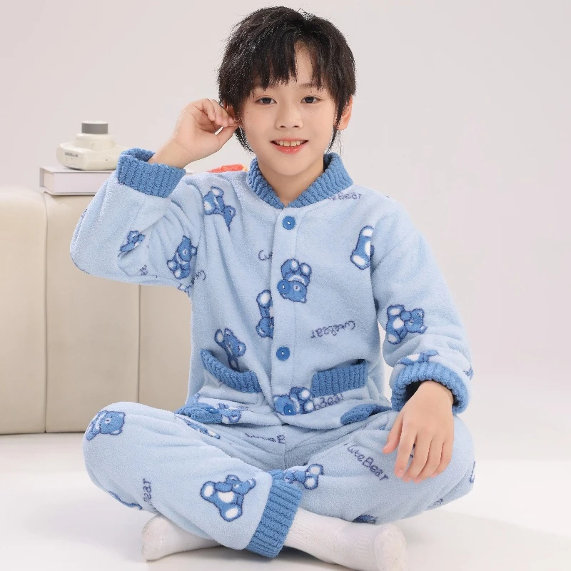 亲子居家卡通风休闲风保暖家居服套装男童女童长袖加绒秋冬季睡衣