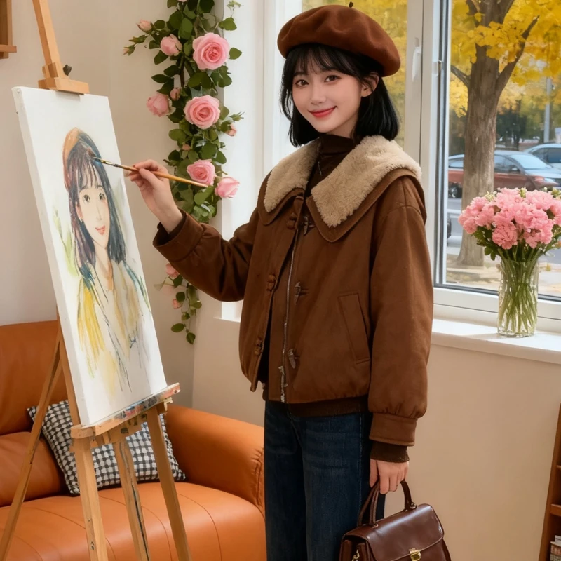 时尚减龄羊羔毛翻领夹棉加厚外套女2025秋冬宽松超好看鹿皮绒棉服