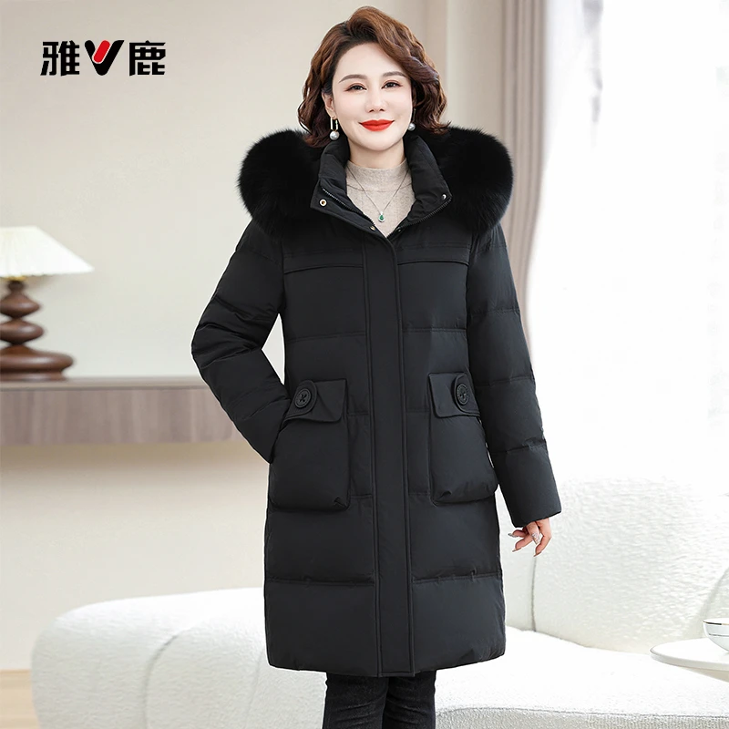 雅鹿羽绒服女2025新款冬季白鸭绒修身中老年妈妈保暖加厚立领外套