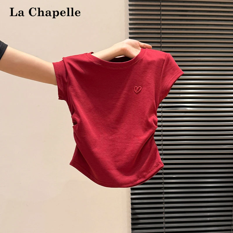 拉夏贝尔韩系爱心刺绣纯欲感圆领短袖T恤女夏季褶皱掐腰显瘦上衣