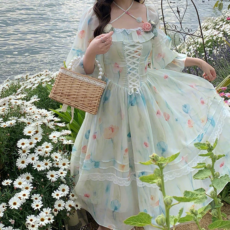 【油画秘境小众法式方领连衣裙绑带高级感长裙25043