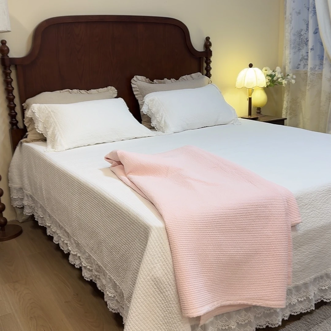 棉不带花边粉色三件套床盖2.2*2.4