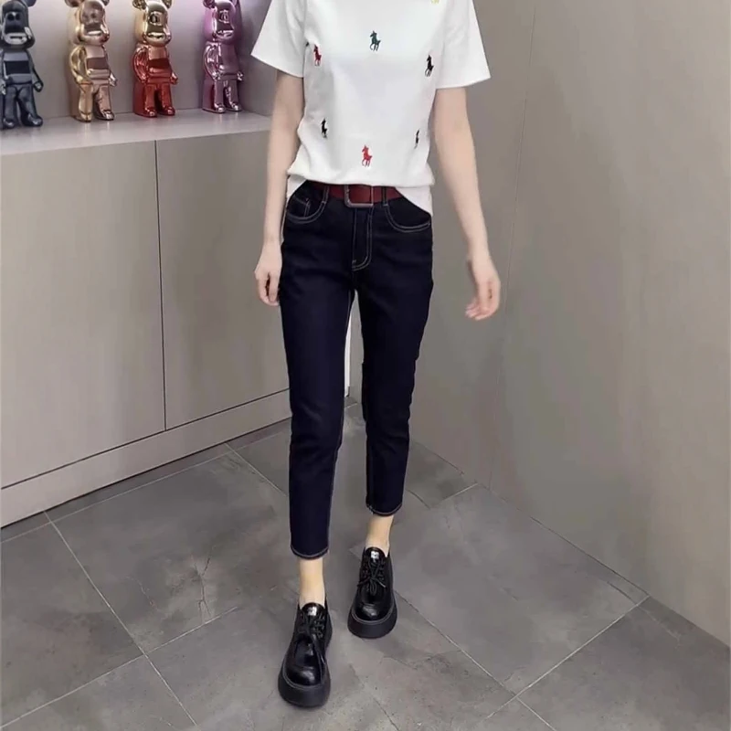 秋季新款弹力开叉八分烟管裤子大码女装复古百搭胖mm直筒牛仔裤女