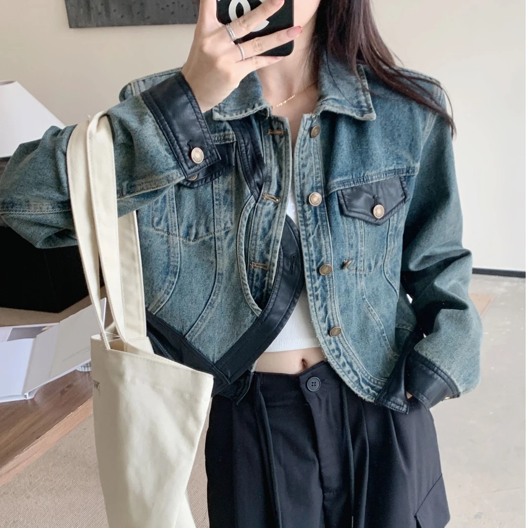 6656复古pu  秋季复古pu皮设计感小众减龄拼接水洗牛仔短外套