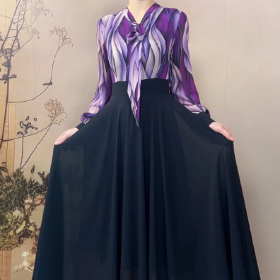 波西米亚风修身显瘦连衣裙优雅拼接设计长裙飘带领X630-251带领结