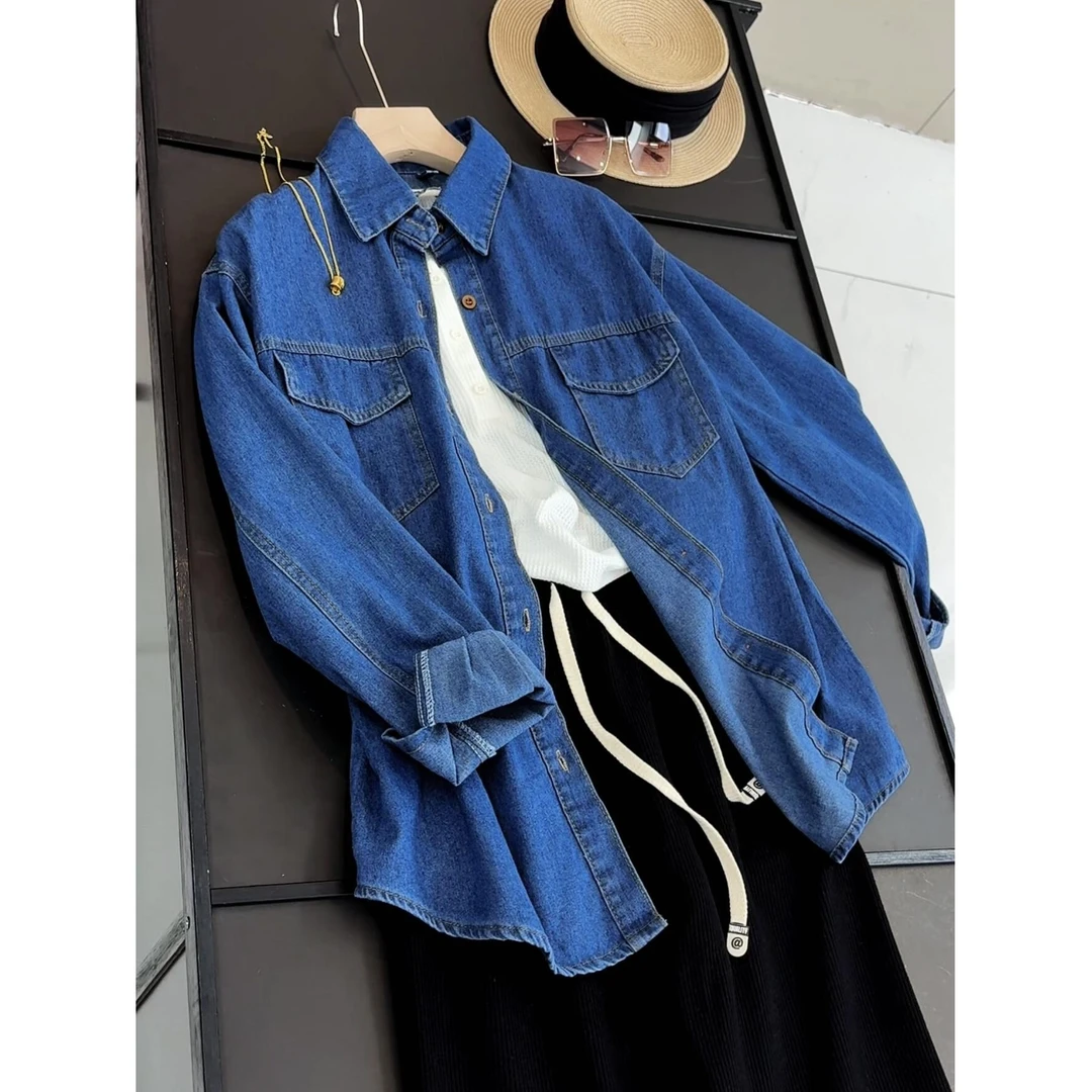 蓝色港风复古Polo领牛仔衬衫外套上衣女气质宽松休闲衬衣