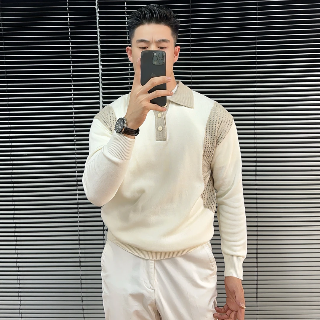 腈纶54.8棉45.2翻领撞色针织镂空提花针织衫毛衣纯色男士休闲男装