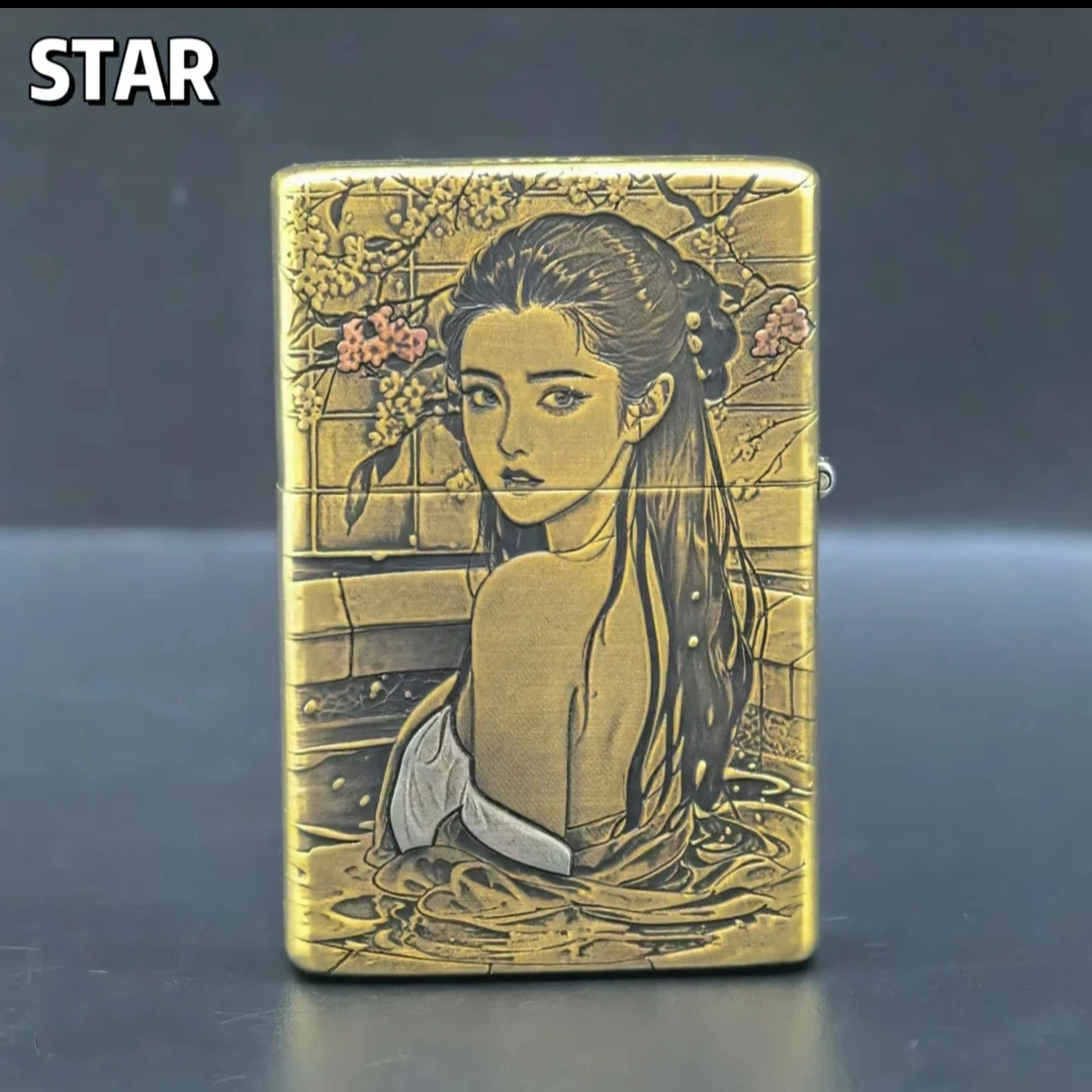 恒星STAR纯铜浮雕镶嵌贵妇出浴图煤油打火机