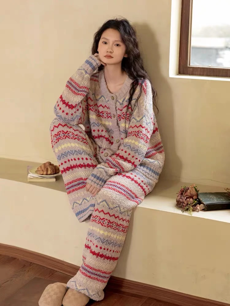 族玛士半边绒睡衣女秋冬季2025新款大码条纹珊瑚绒家居服套装冬天