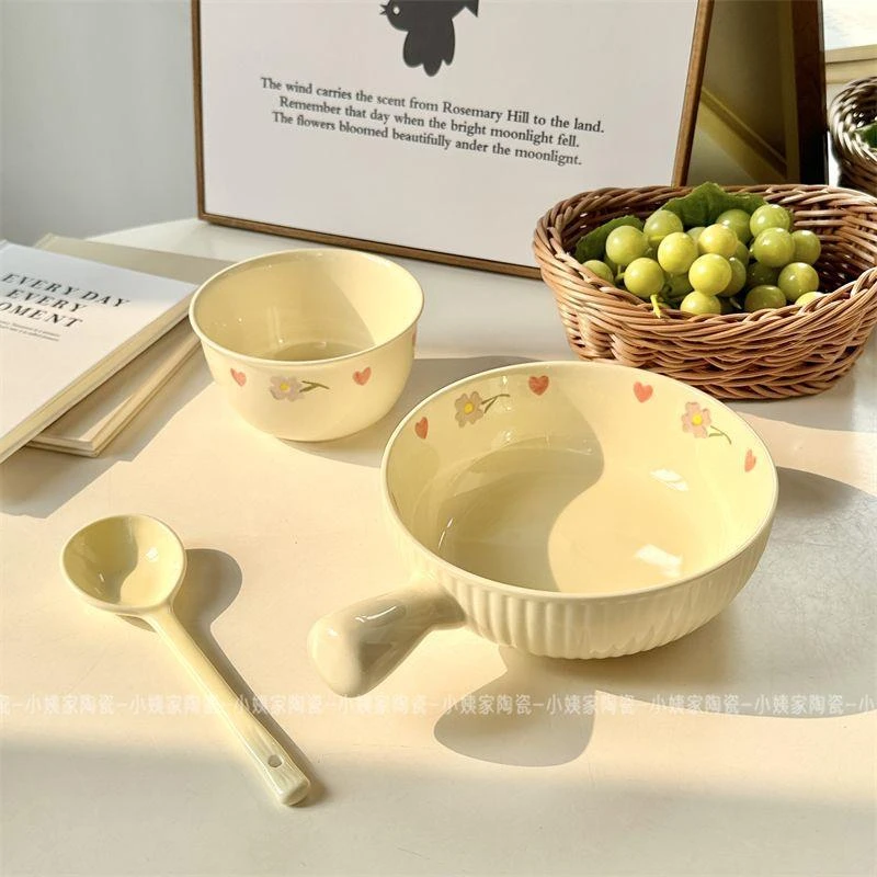 110【3件套】紫藤花手柄碗+饭碗+勺子 奶油紫藤花手柄碗釉下彩餐具