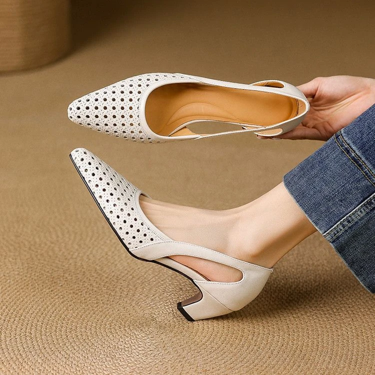 意大利纯羊皮真皮尖头镂空透气女鞋2025新款夏天百搭爆款高跟鞋子