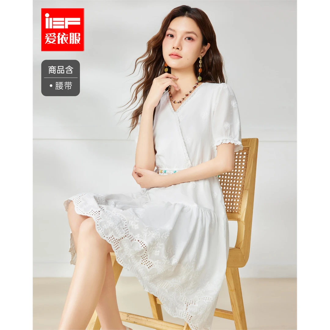 IEF/爱依服2025夏季新款白色蕾丝连衣裙女时尚法式优雅V领中裙子