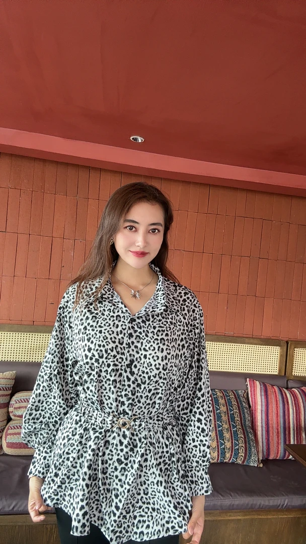 豹纹灯笼袖长袖拉链中长款衬衫长款碎花时尚休闲气质