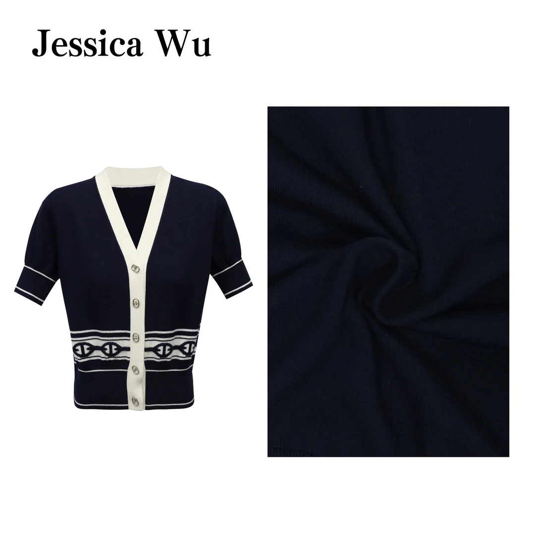 JESSICA WU雅致闲造~H家猪鼻扣60支精纺羊毛百搭休闲开衫短袖