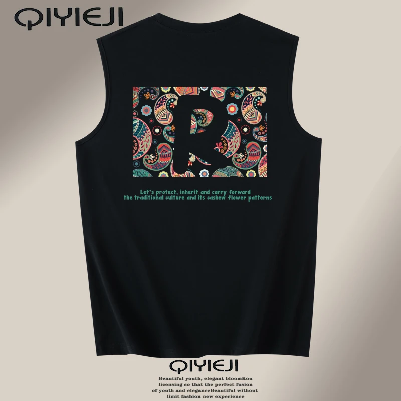 100%纯棉无袖T恤男士夏季印花背心透气圆领坎肩个性外穿打底复古