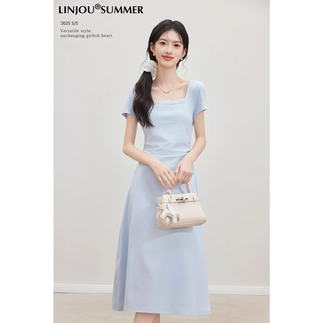 玲玖《晴空涟漪》方领显瘦短袖连衣裙女夏季新款收腰褶皱a字裙子