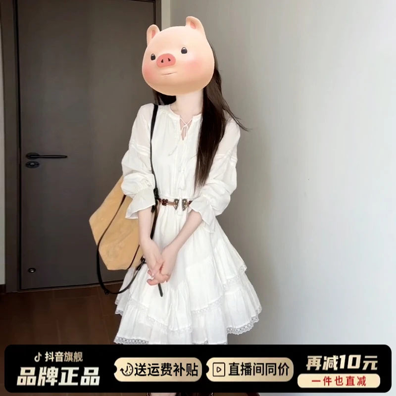 波西米亚短裙女川西草原旅游拍照长袖白裙子异域风白色仙气连衣裙