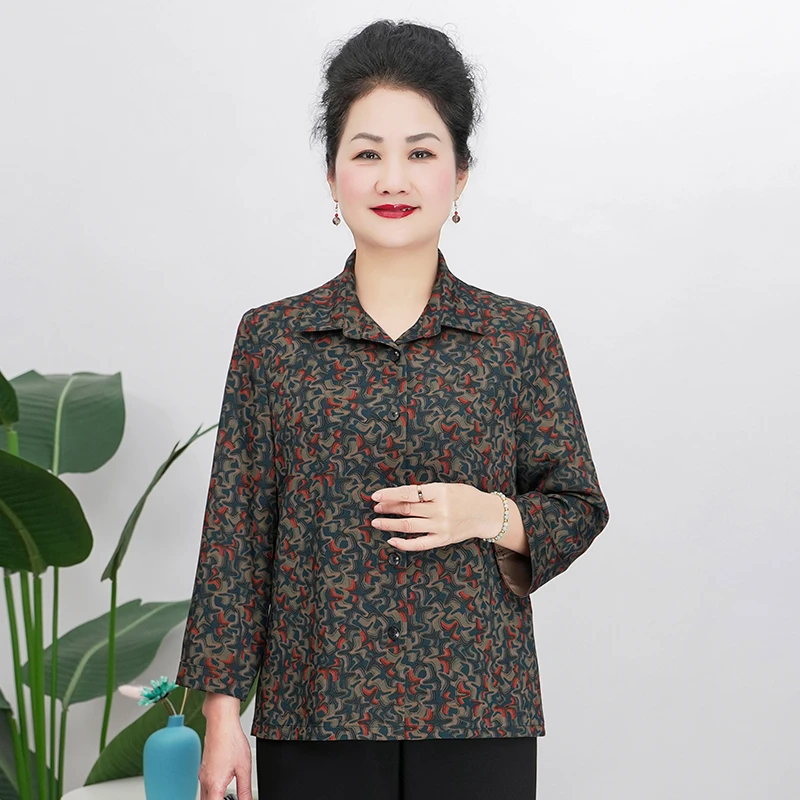 V/雅鹿衬衫长袖薄款大码夏季新款洋气中老年人奶奶婆婆女装B5902