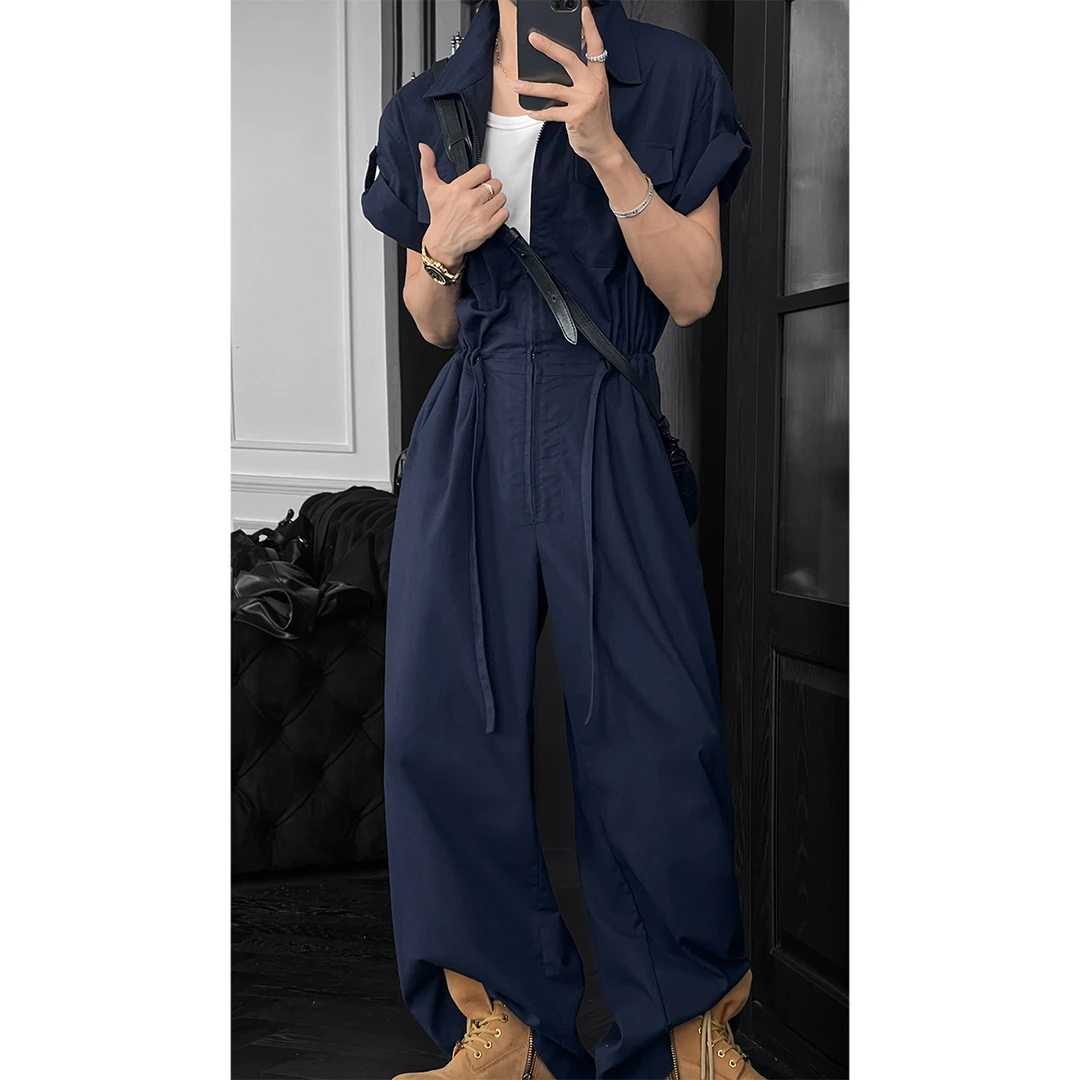 龙叨叨夏季新品美式复古工装连体裤男潮流潮牌休闲宽松衬衫连体衣