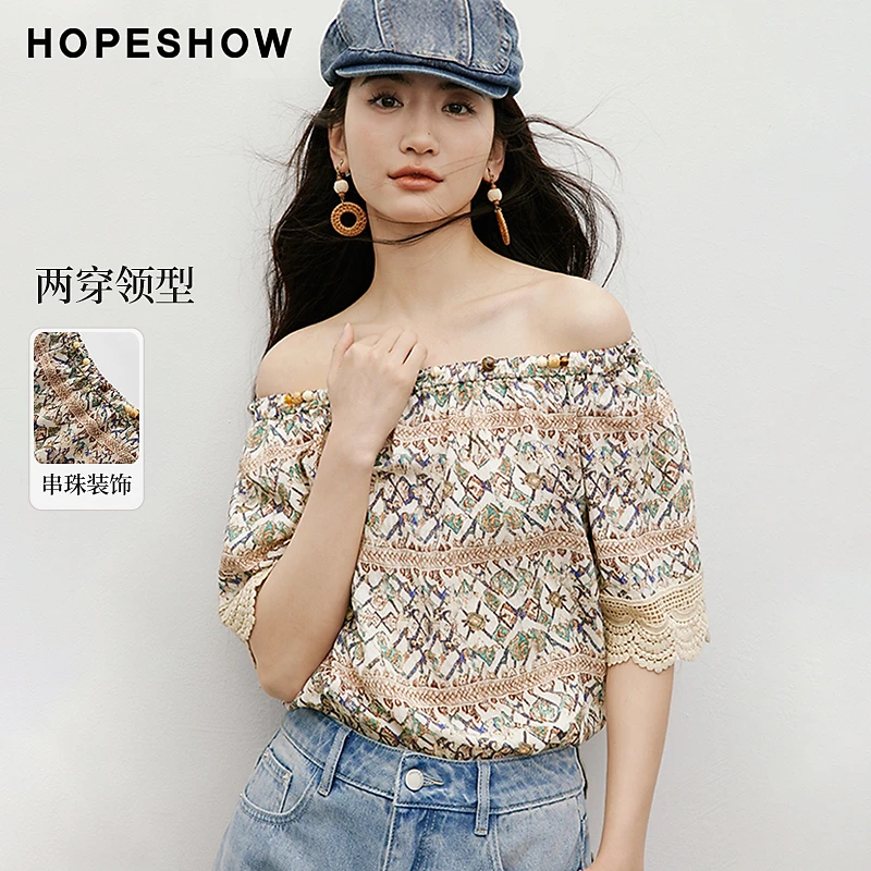 红袖2025夏女装 【流浪诗人】印花蕾丝拼接两穿领上衣90125182006