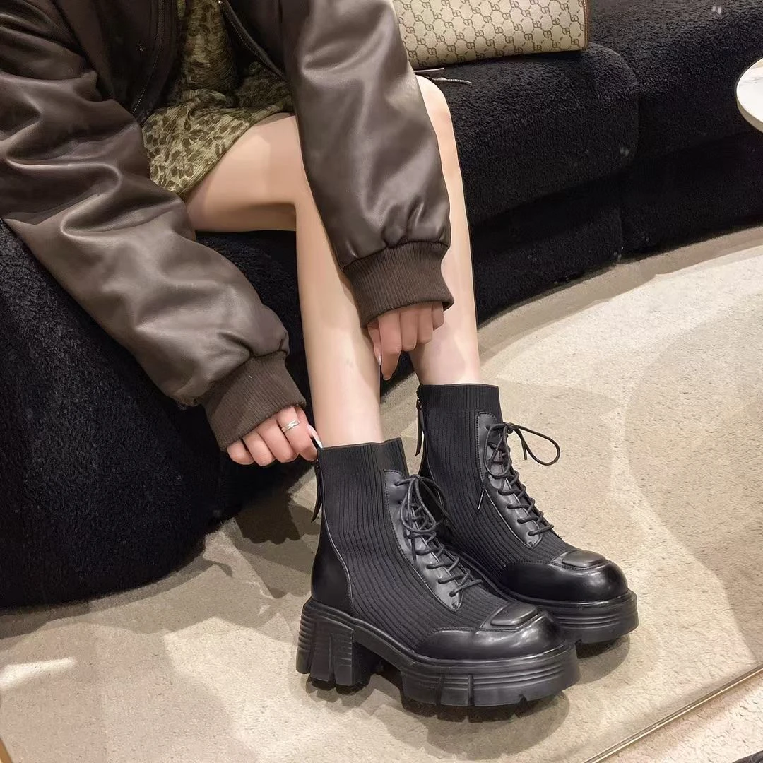 休闲靴子系带粗跟马丁靴时尚女鞋袜靴厚底短筒高帮筒靴修面皮