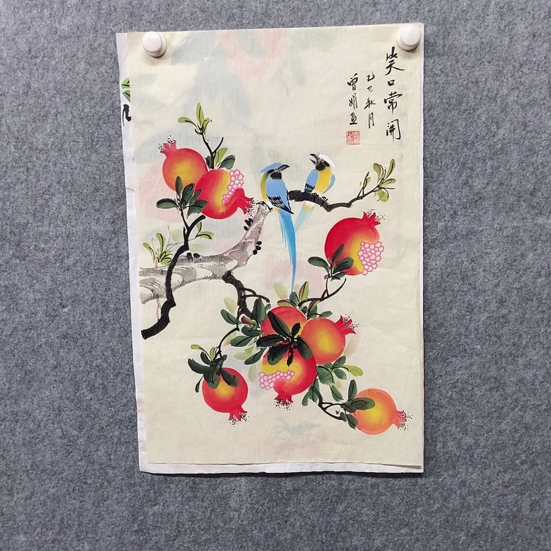 国画四尺三开花鸟一副