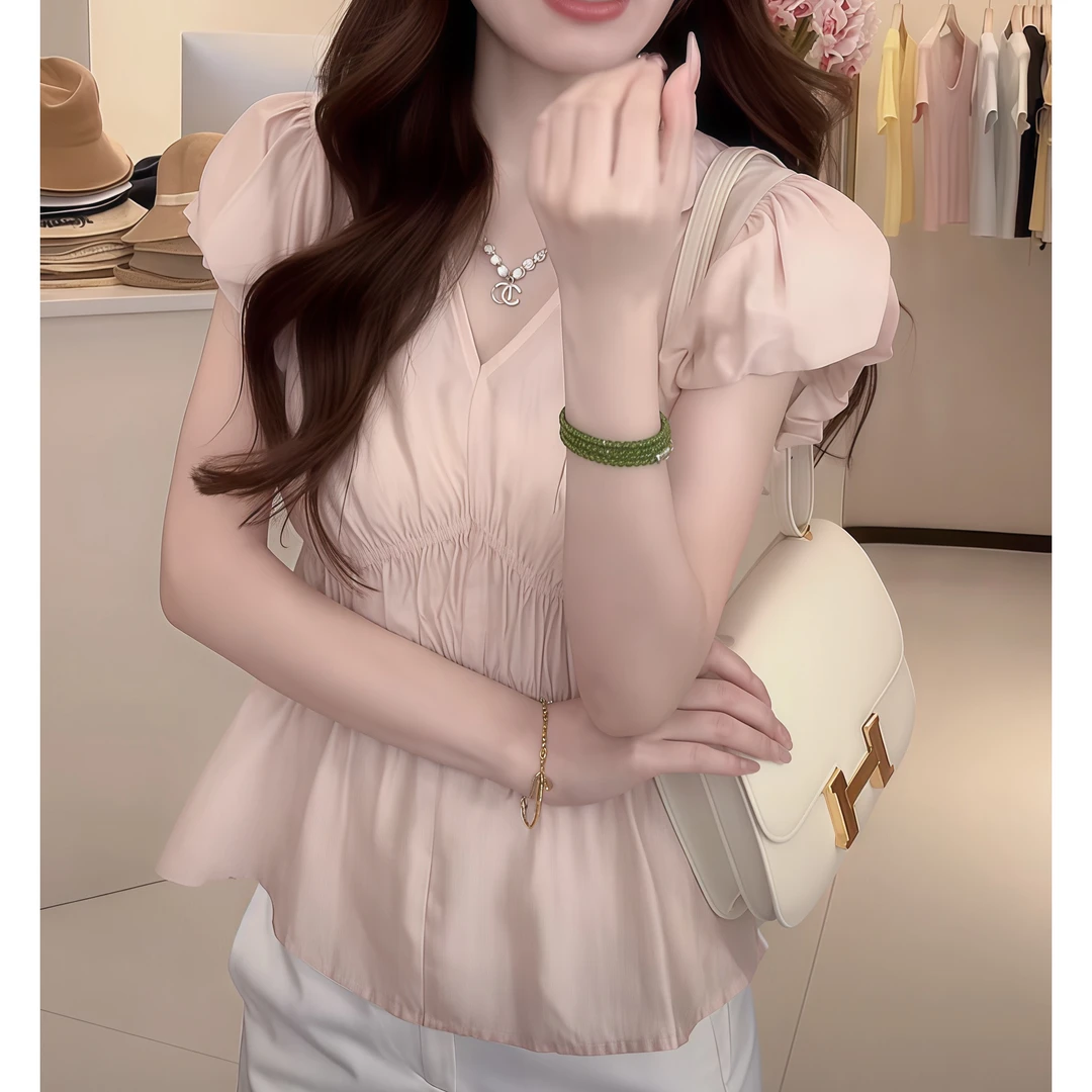 百搭褶皱收腰显瘦V领衬衫女夏季2025新款轻奢高级感减龄小衫上衣