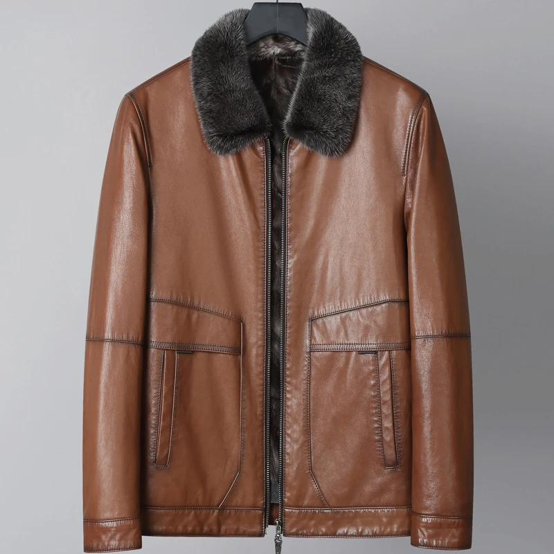海宁皮衣男真皮月牙水貂内胆貂皮外套油蜡牛皮短款皮夹克冬厚款