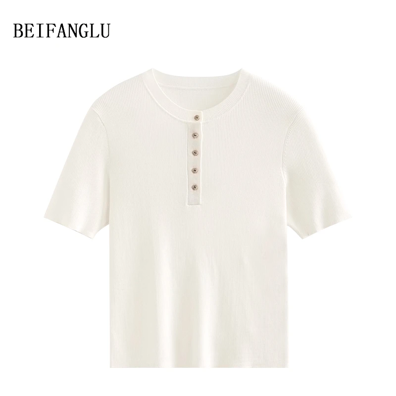 北方鹿 经典法式亨利领天丝三醋酯薄款2025早春短袖针织衫女1596