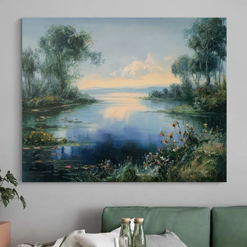 《湖岸清韵》50*60含内框，刘春建手绘油画装饰画，客厅背景墙挂画