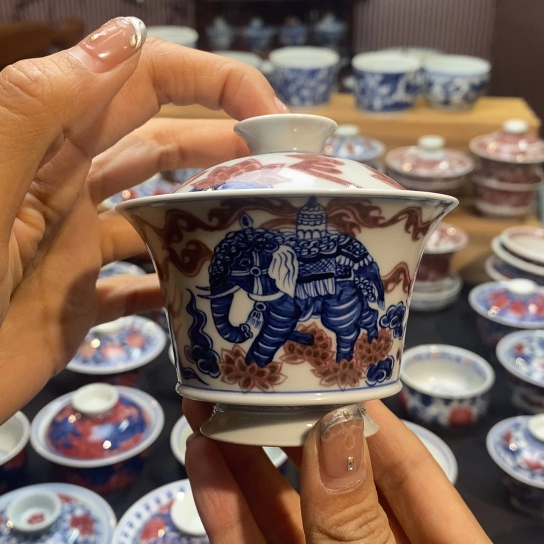 大*丶大象盖碗盖碗柴窑原矿手绘