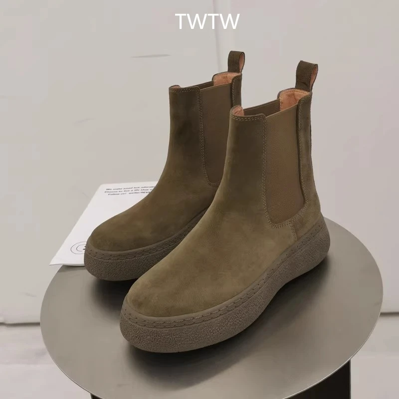 2025年秋新款TWTW正品真皮磨砂皮厚底松糕底松紧套筒低筒短靴子女