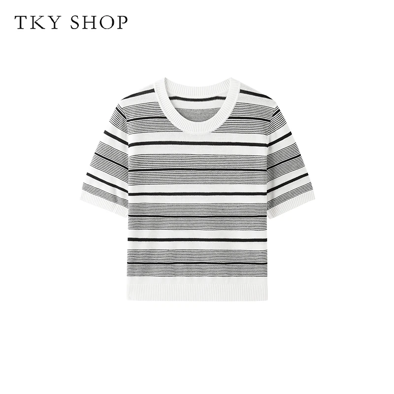 TKYSHOP春夏季时尚百搭通勤圆领轻薄条纹短袖针织衫 10G1HF02Z093