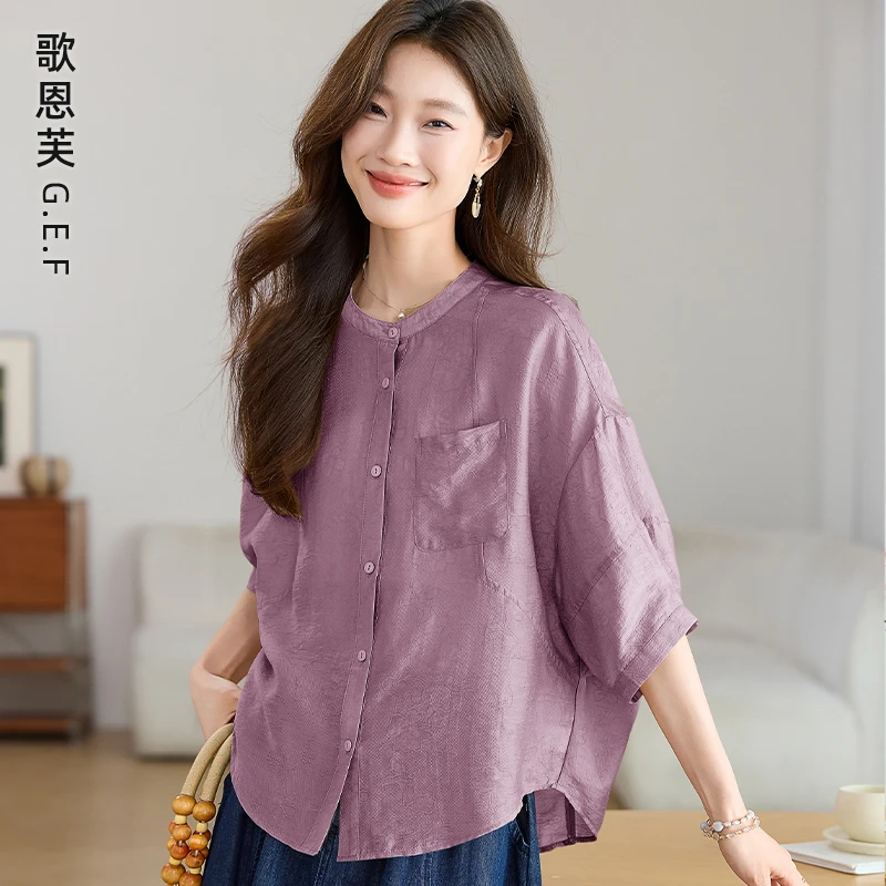 天丝短袖衬衫女夏季薄2025新款中年妈妈气质上衣休闲洋气漂亮小衫
