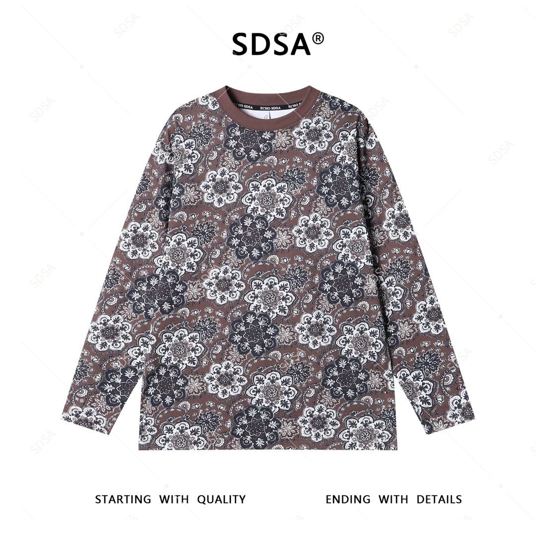 SDSA秋季新款男士痞帅老钱风抽象满印花卉图案长袖T恤时尚百搭