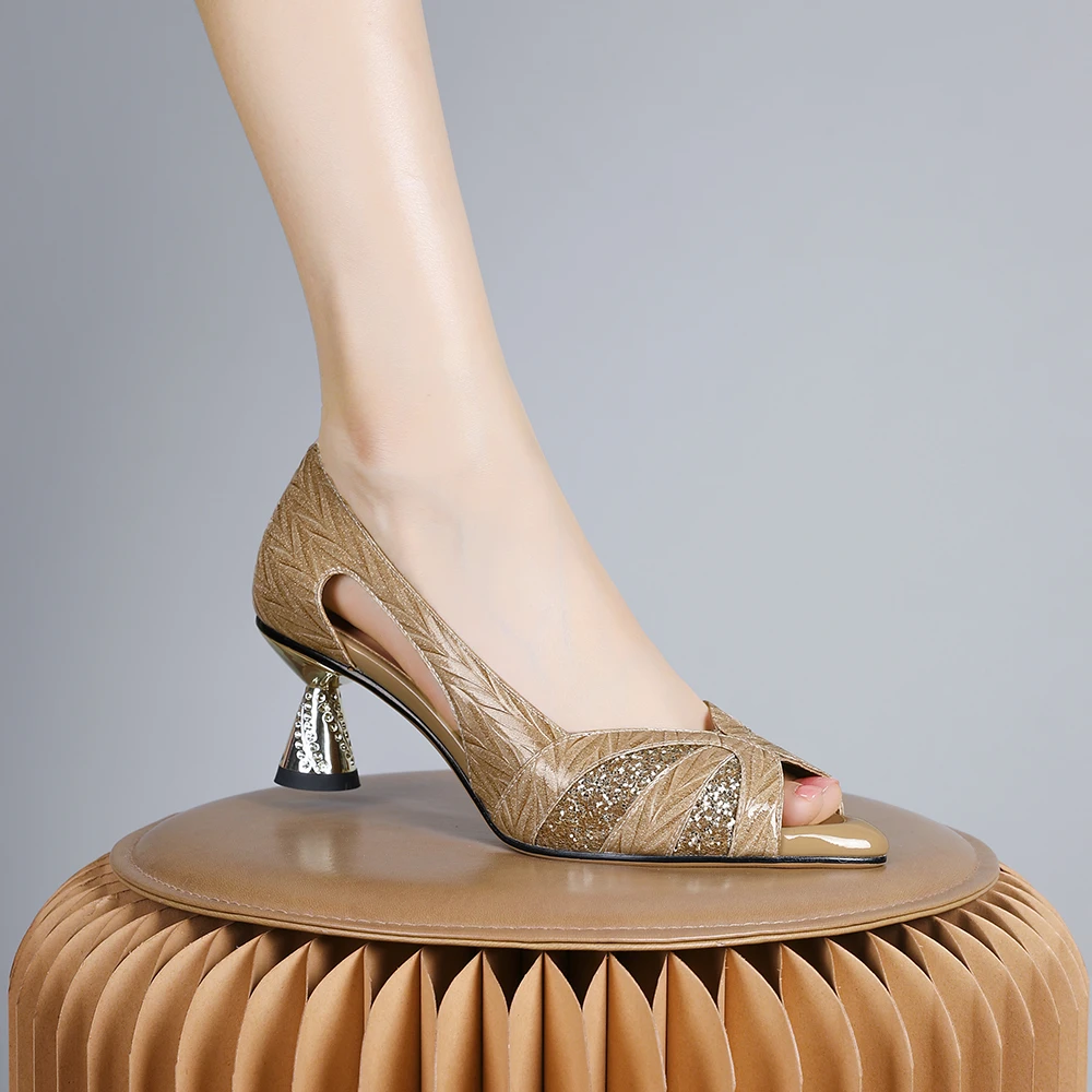 妮彩诗2024年新款欧美轻奢真皮鱼嘴舒适镂空凉鞋粗跟温柔优雅1963