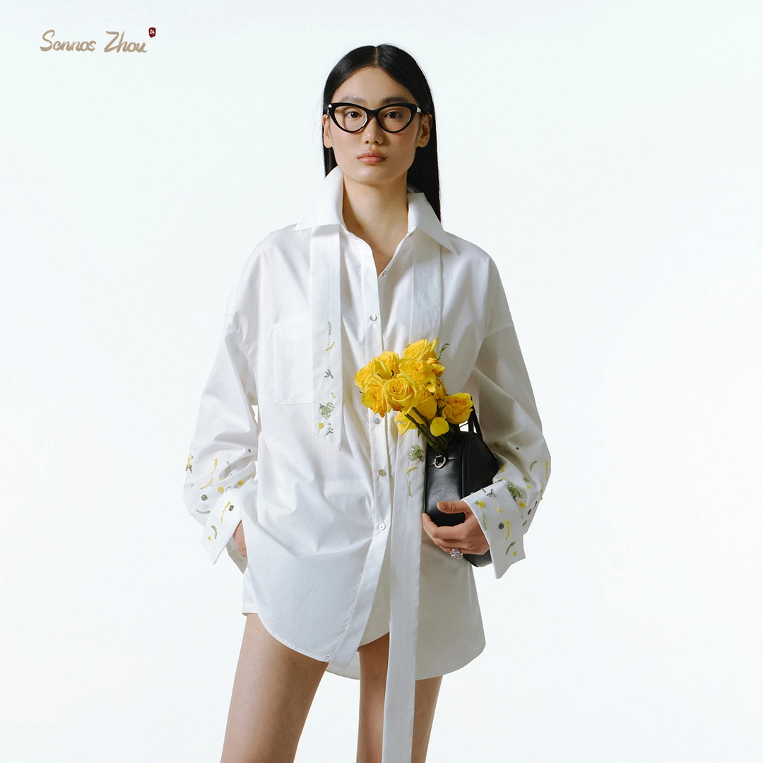 sennos zhou手间生花飘带刺绣衬衫C58010