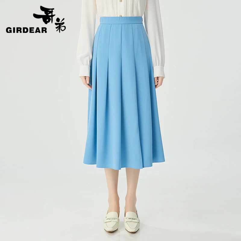GIRDEAR/哥弟2025早春新款高腰前片百褶侧开叉长款半身裙 1200325