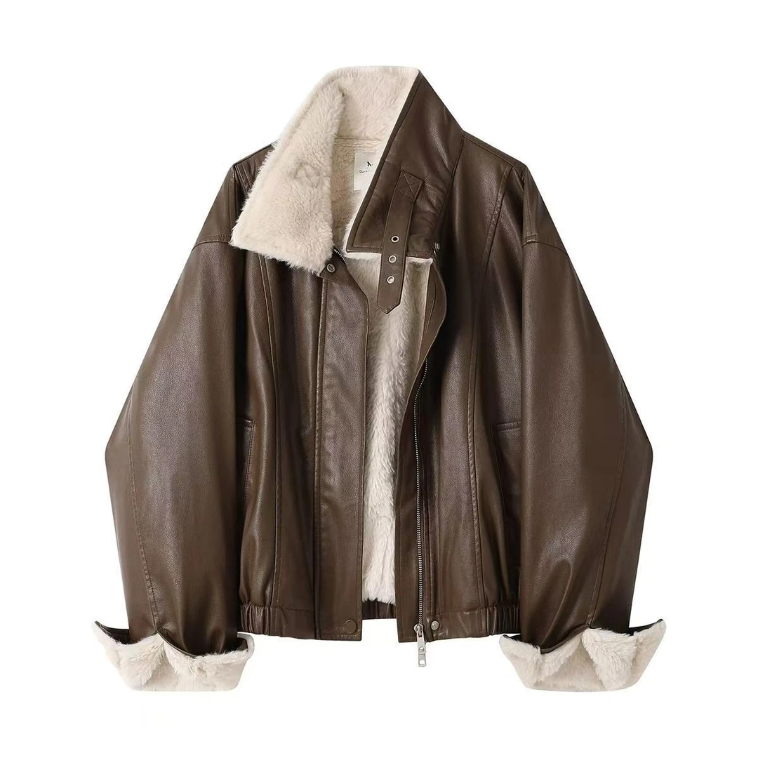 加绒皮衣加厚真皮外套皮毛一体小个子新款冬季网红短款PU皮夹克