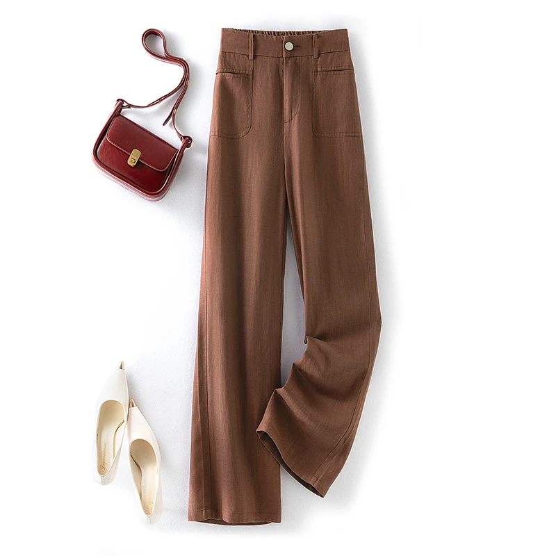 奶牛的梦天丝亚麻窄版阔腿裤高腰夏季时尚宽松紫罗兰可可棕色裤子