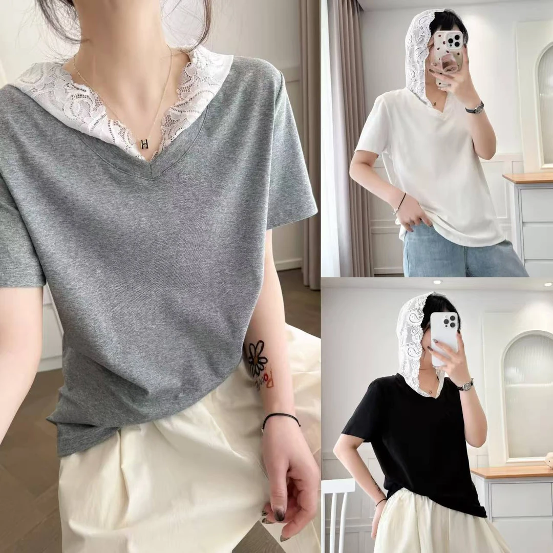 【蕾丝连帽T】新款胖MM大码女装百搭夏季洋气时尚蕾丝连帽棉质T恤